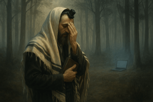 A misty forest at dawn, soft light filtering through the trees. In the foreground, a figure wrapped in a tallit (prayer shawl) with tefillin on, covering their eyes in quiet reflection, evoking the Shema. The mood is contemplative, sacred, and timeless. In the background, faintly visible through the trees, a laptop screen glows with a cold blue light — distant but present, symbolizing the temptation of instant answers. The contrast between the warm, spiritual figure in prayer and the sterile, technological glow highlights the tension between sacred struggle and immediate gratification. Style: modern drash illustration or photorealistic artwork, muted tones with soft warm light around the figure and a cooler, sharper light around the laptop. No text overlay.