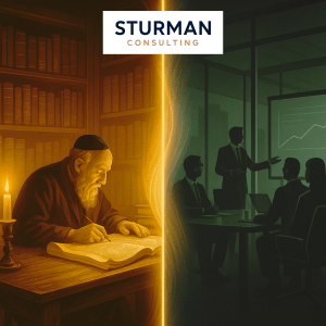 Split screen digital artwork: left side shows a candle-lit Jewish study hall with parchment scrolls and shelves of ancient books, warm golden lighting, a person studying at a wooden desk. Right side shows a modern glass-walled corporate boardroom with people in suits, one presenting at a screen, cool navy and steel tones. In the center, a glowing line blending gold into navy symbolizes continuity of wisdom across time. Professional, inspirational, balanced composition, 1200x628px.