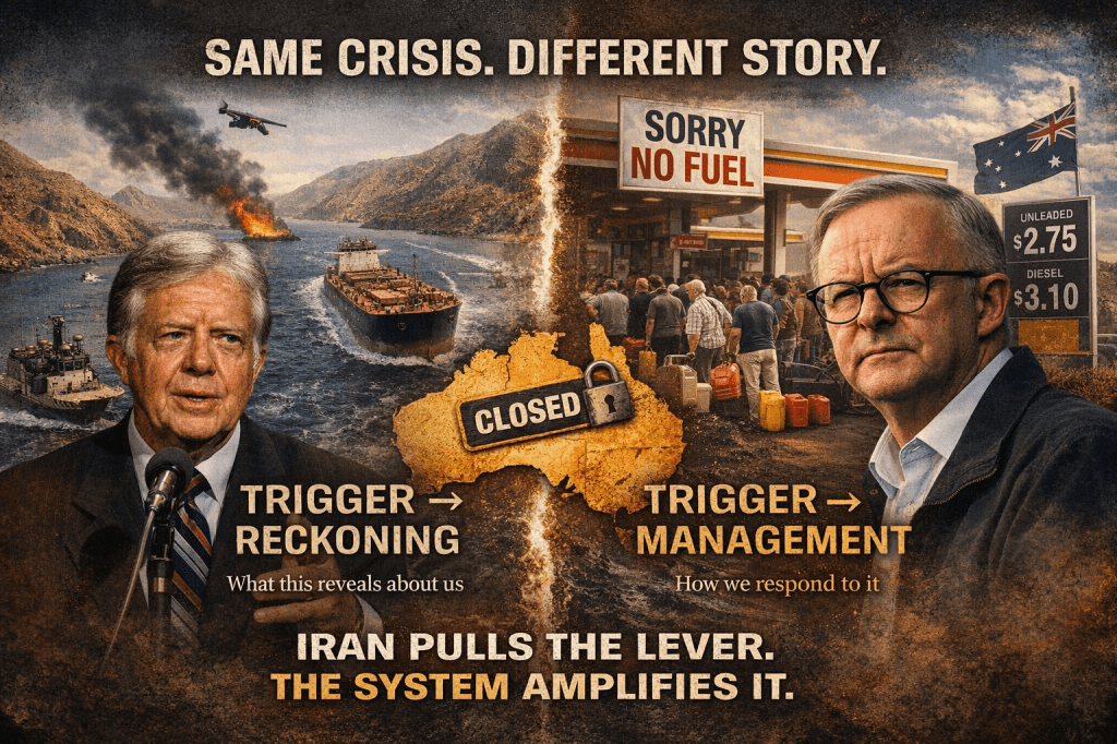 A split-image political graphic with the headline “Same Crisis. Different Story.” On the left, Jimmy Carter speaks at a podium in front of the Strait of Hormuz, where oil tankers, military vessels, and an explosion with smoke suggest conflict and disruption. Text reads “Trigger → Reckoning” with the subtitle “What this reveals about us.” On the right, Anthony Albanese stands near a crowded Australian petrol station with a “Sorry No Fuel” sign and rising fuel prices, alongside the text “Trigger → Management” and “How we respond to it.” In the centre, a map of Australia marked “Closed” with a lock icon symbolises national impact, and at the bottom the text reads “Iran pulls the lever. The system amplifies it.