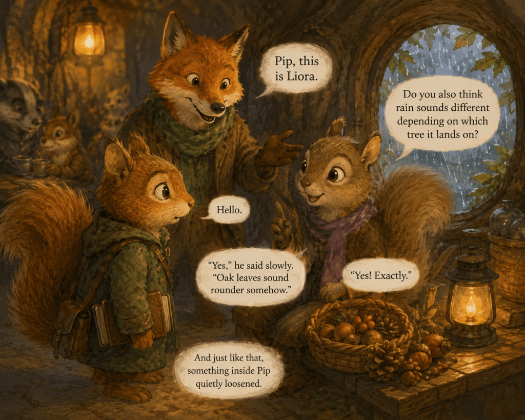 Pip the squirrel meeting Liora inside Rowan’s warm woodland den during a gentle rainstorm. Lantern light glows softly across the room as Rowan introduces them. Liora sits beside a basket of acorns, listening thoughtfully, while Pip stands holding a small book. Cozy watercolor-style children’s storybook illustration with warm autumn tones and a calm, welcoming atmosphere.