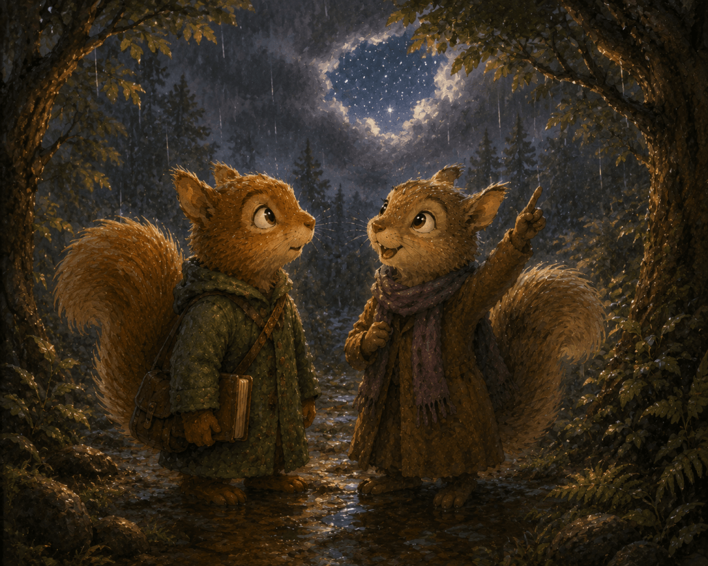 Pip and Liora standing together on a rain-soaked forest path at night, surrounded by softly glowing trees and wet leaves. Liora points upward toward a small opening in the storm clouds where a few stars shine through. Pip looks up beside her, holding a small book close to his side. The mood is gentle, safe, and reflective, with warm watercolor-style lighting and a quiet sense of connection and hope.
